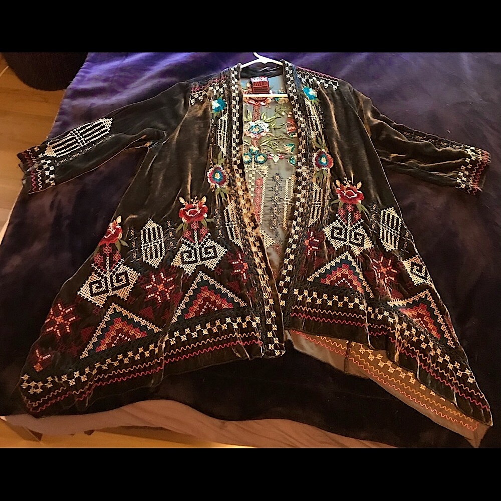 Johnny Was Dani Draped Velvet Cardigan 3/4 sleeve,  gently worn size small